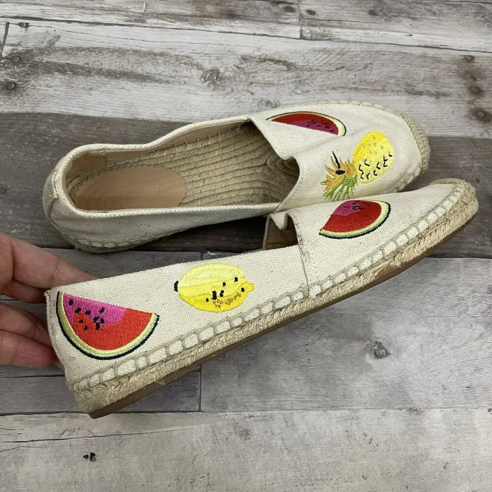J Crew Canvas Espadrilles Embroidered Fruits Loafers Size 8.5‎ M Sundried Linen